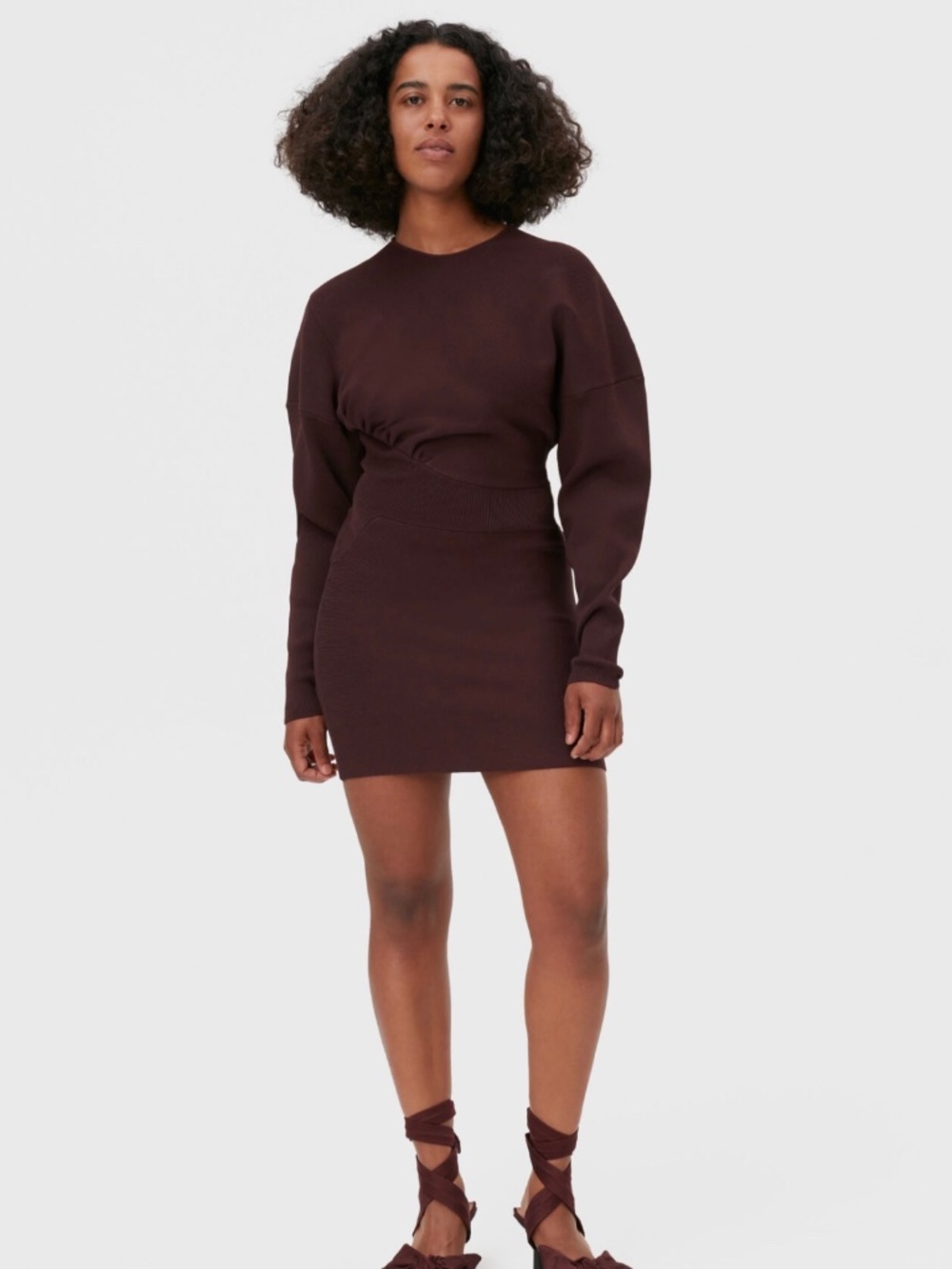 GANNI Asymmetric Ruched Ribbed-Knit Long Sleeve Mini Dress Grape Burgundy Large